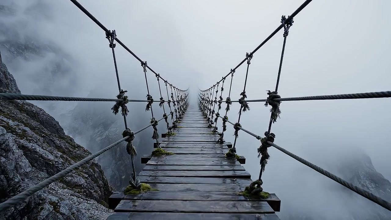 Ponte sospeso in legno che scompare nella fitta nebbia di montagna.