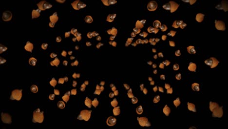 volando muchas bellotas de otoño en fondo negro. símbolo de la caída, nueces de roble, regalos de la caída. animación 3d de semillas de bellota girando. animación de bucle.