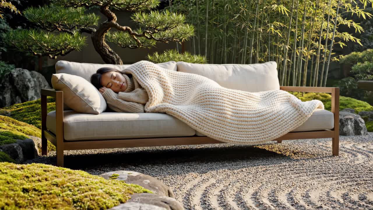 Woman Sleeping on Couch in Zen Garden