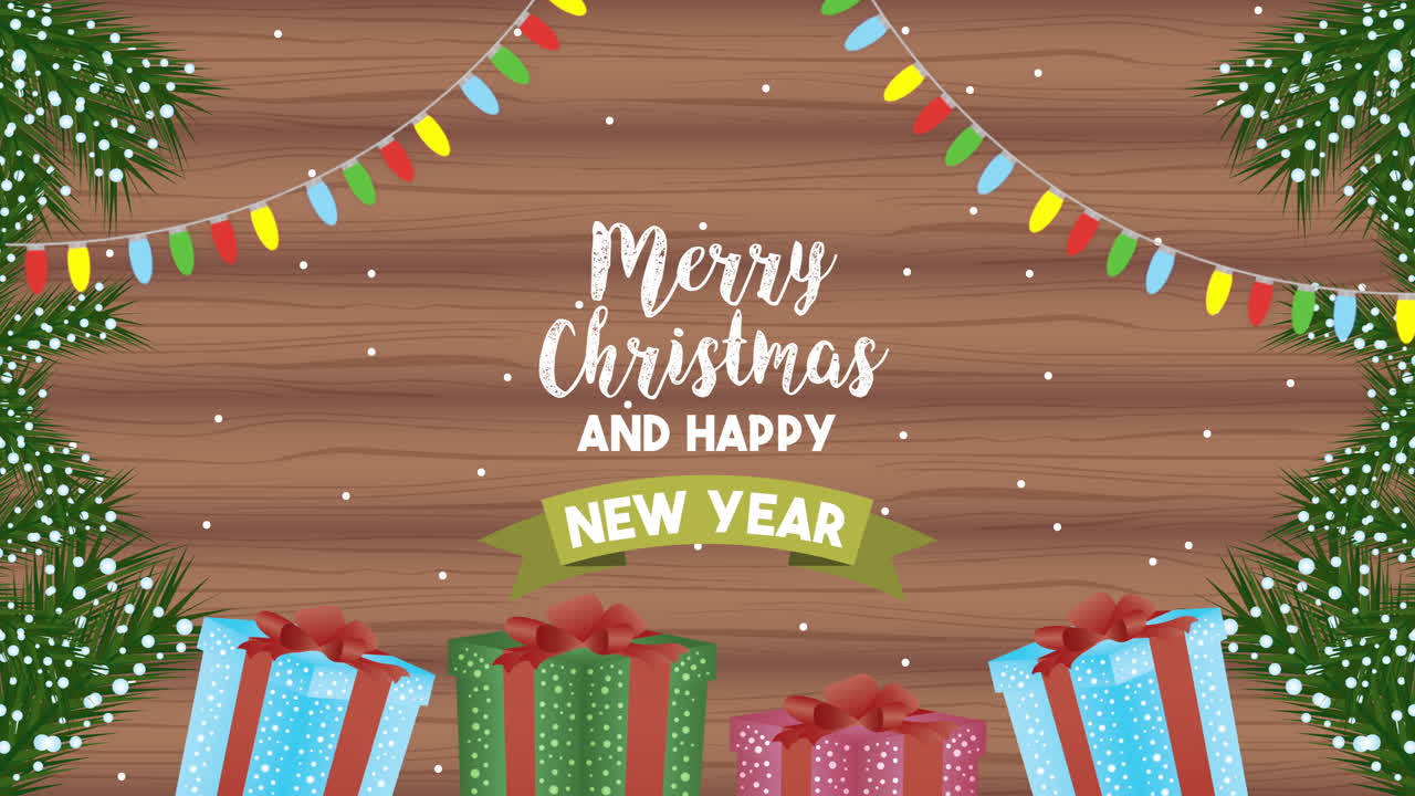 나무 바탕에 선물과 함께 해리 크리스마스 애니메이션