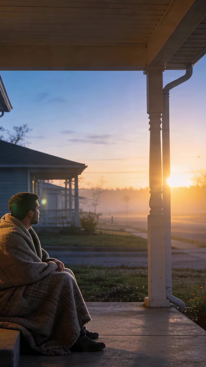 Vertical video: Sitting man wrapped in blanket watching sunrise from porch, seeking warmth and mist