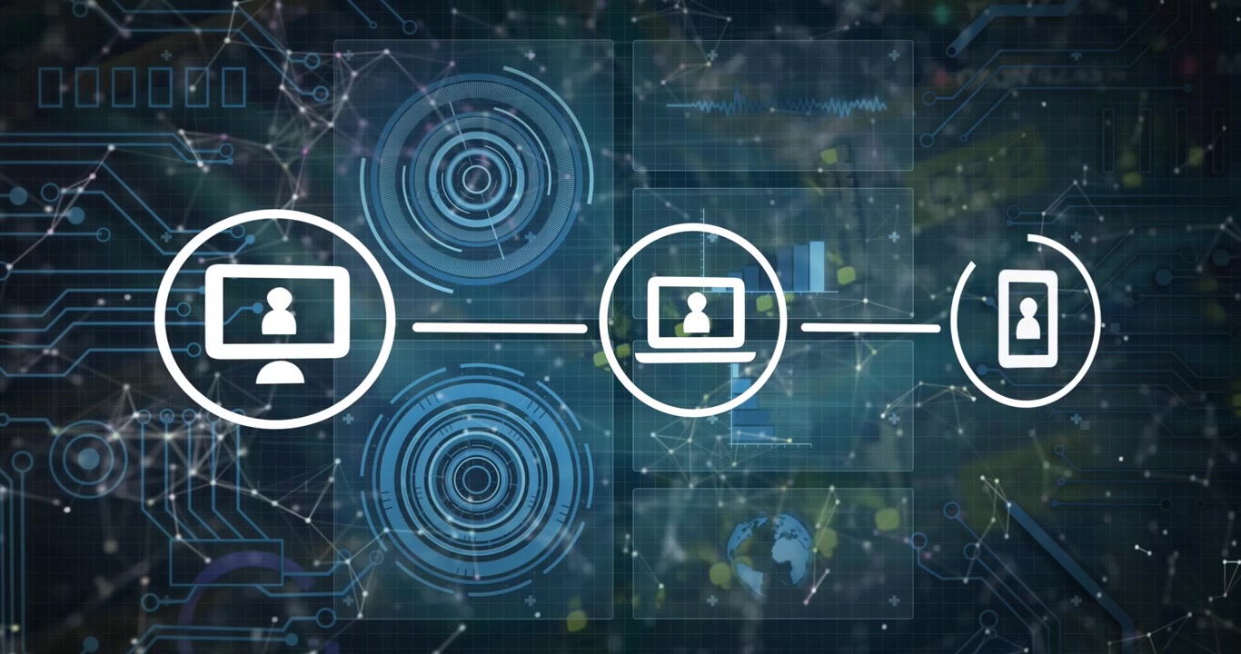 Digital Network Connectivity Icons on Futuristic Data Background