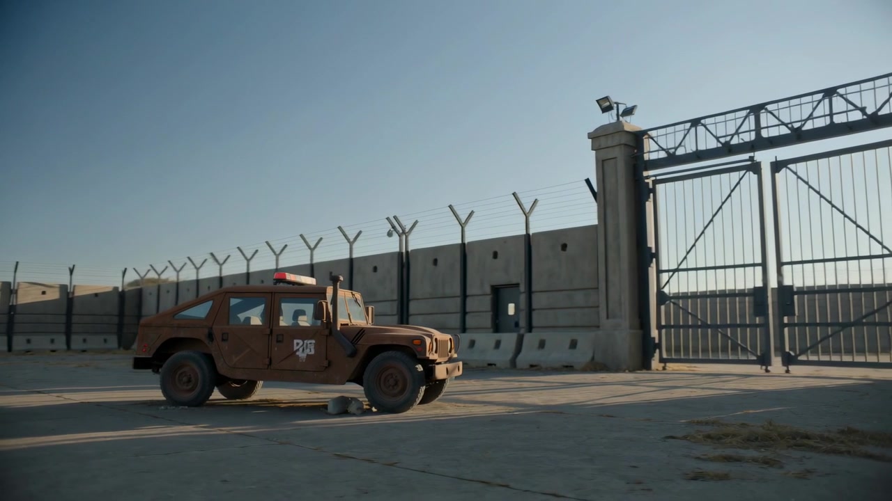 Telecamera panoramica che riprende un posto di blocco, rivelando una jeep marrone parcheggiata vicino al cancello con un blocco sotto il paraurti.