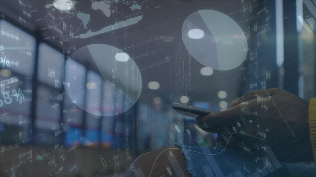 Animation of financial data and graphs over hands of caucasian woman using smartphone