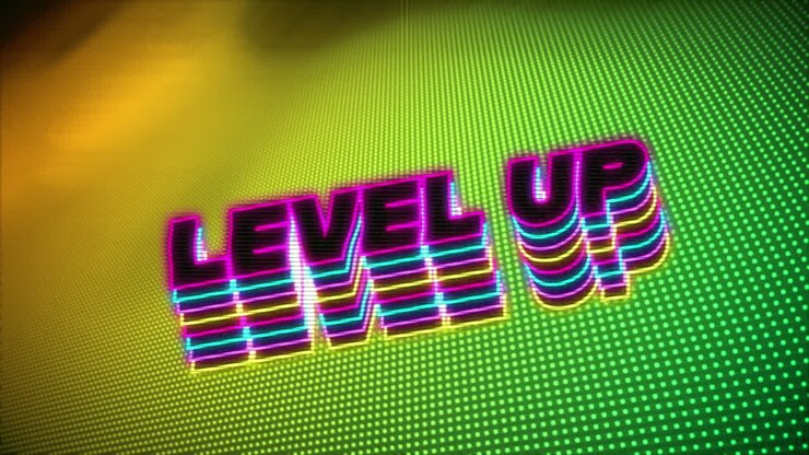 Animation of level up text over yellow and green background
