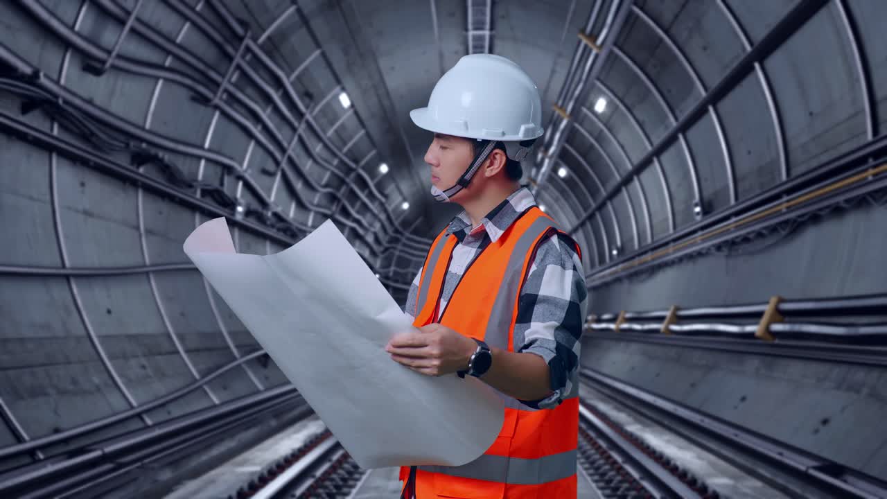 Side View Of Asian Male Engineer With Safety Helmet Looking At Blueprint In His Hands And Looking Around While Standing In Underground Subway Tunnel