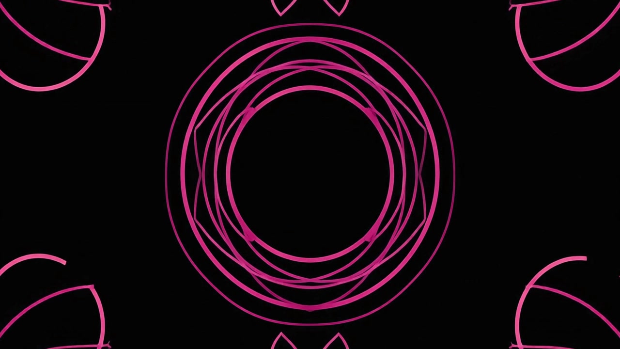 Cerchi neon rosa astratti che ruotano su sfondo nero