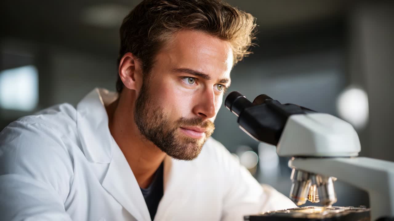 A focused researcher intently examining samples through a microscope in a modern laboratory setting, showcasing the dedication and concentration of scientific exploration and discovery in action