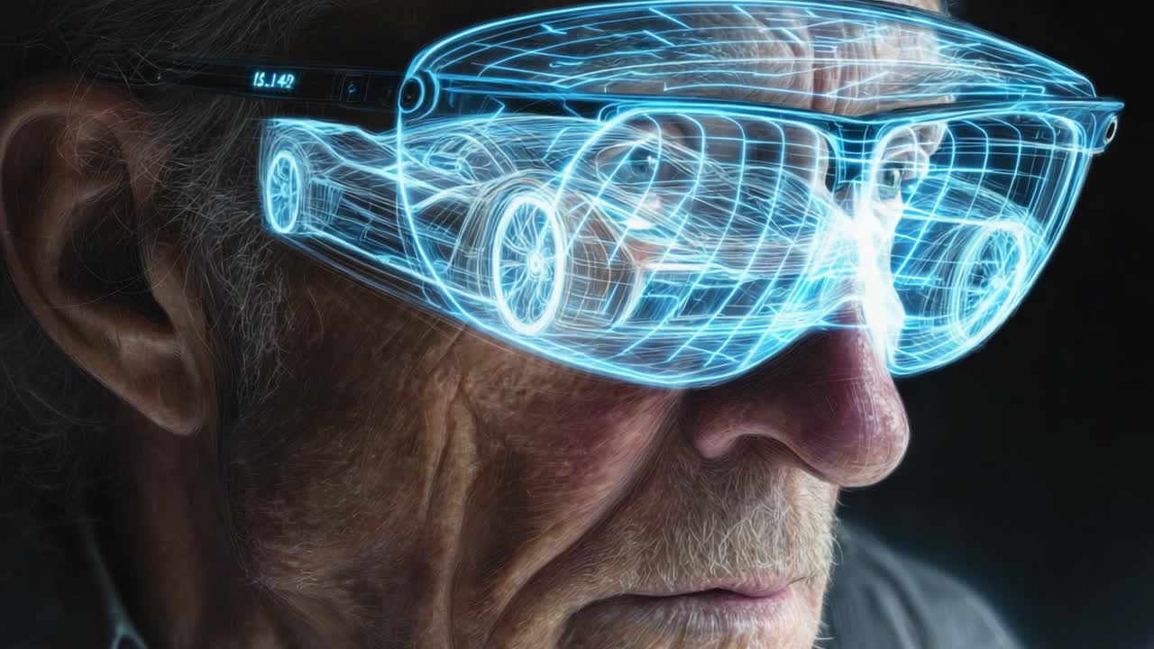 Un innovador de edad avanzada observa un coche conceptual transparente a través de unas gafas de realidad aumentada de última generación, fusionando la sabiduría tradicional con la tecnología futurista en una asombrosa representación visual.