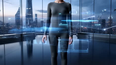 person interacting with futuristic holographic data interface in a high-tech cityscape