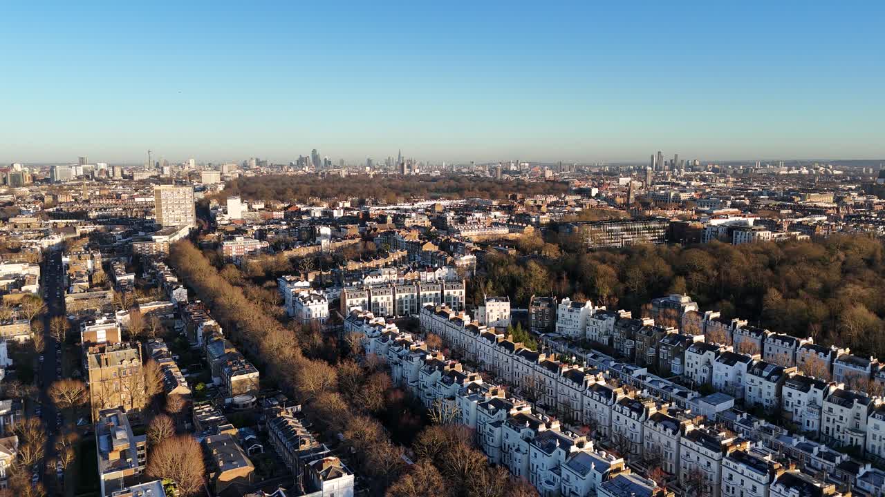 houses Holland Park London skyline in background UK drone,aerial