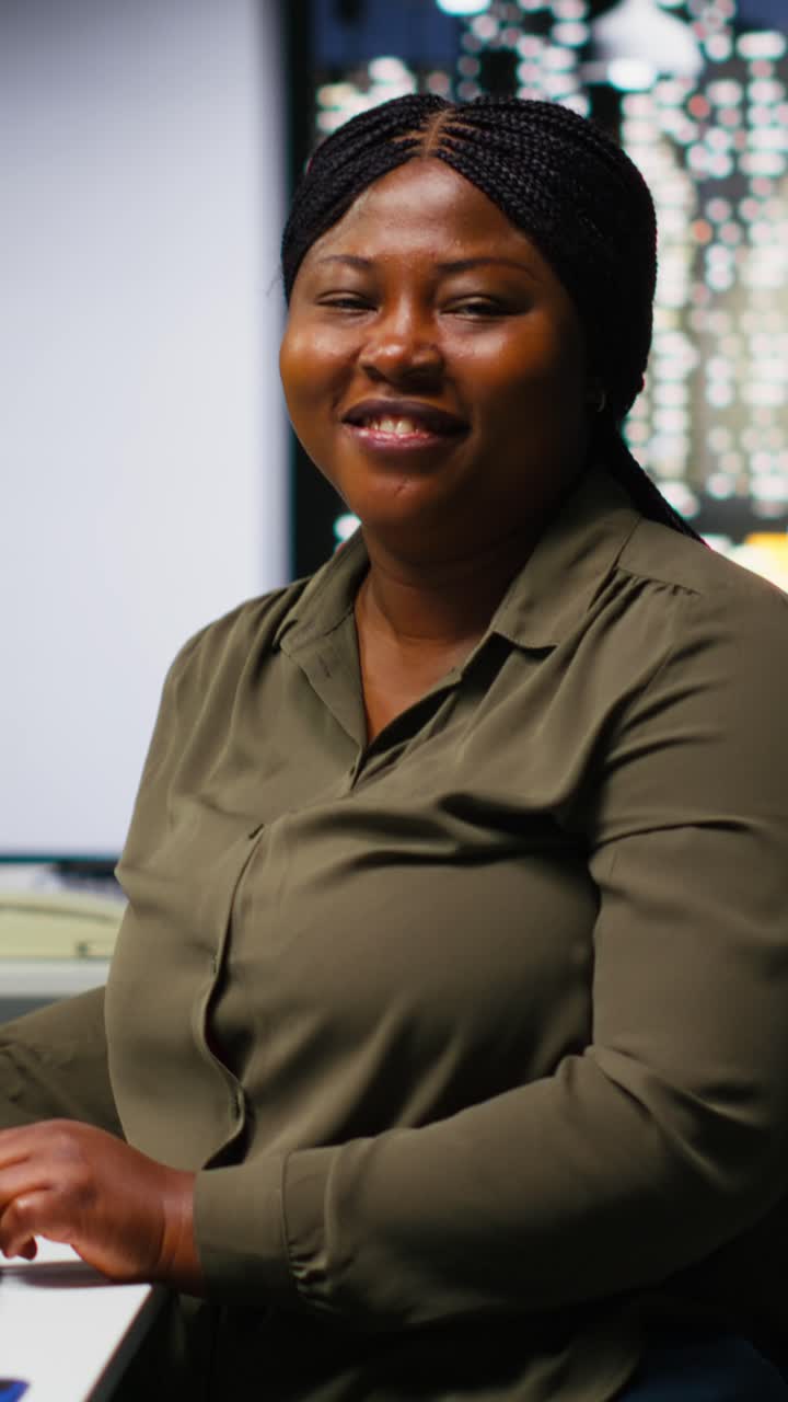 Vertical Video Female expert editor working in video production industry at agency office