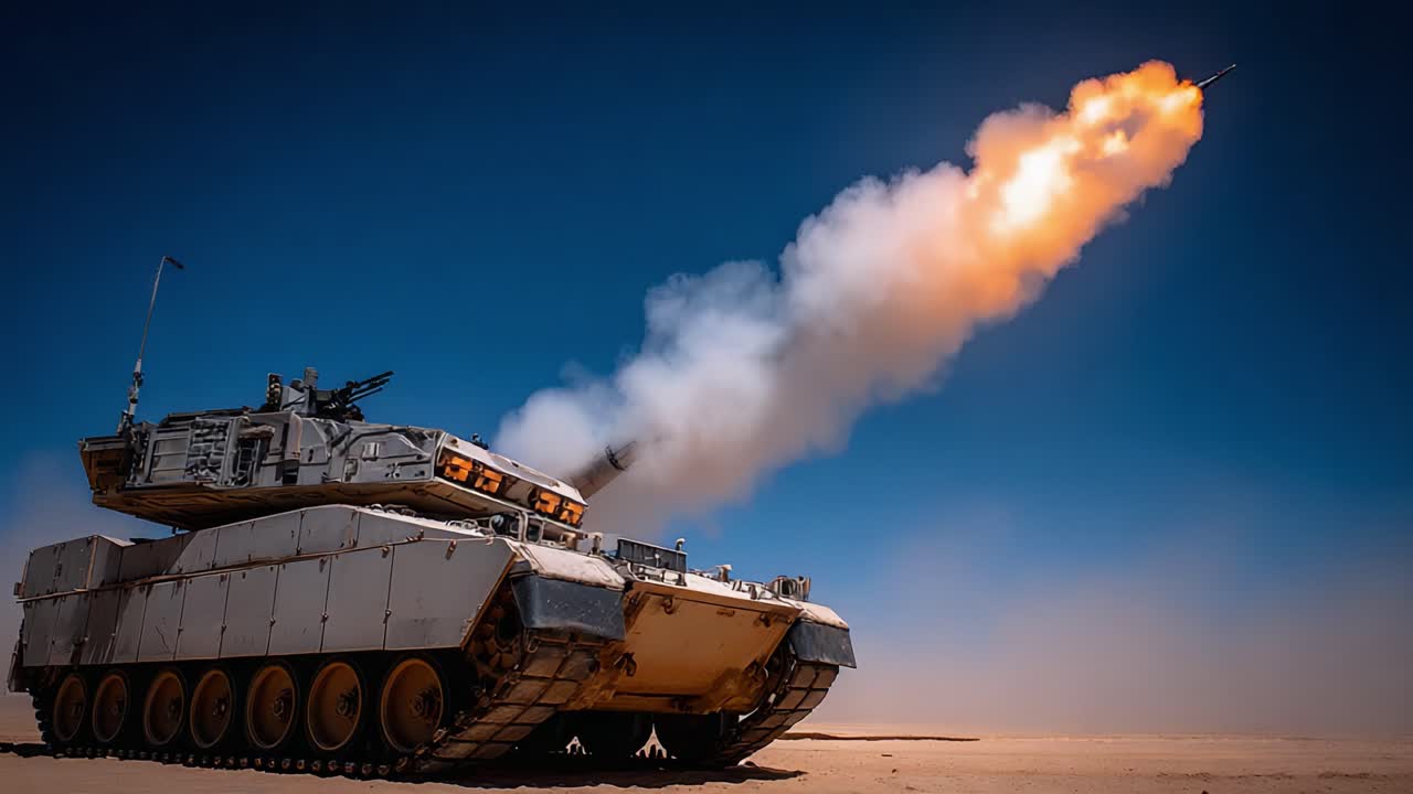 Una potente dimostrazione di artiglieria: un carro armato che spara missili per dimostrare potenza e precisione militare in un paesaggio desertico.