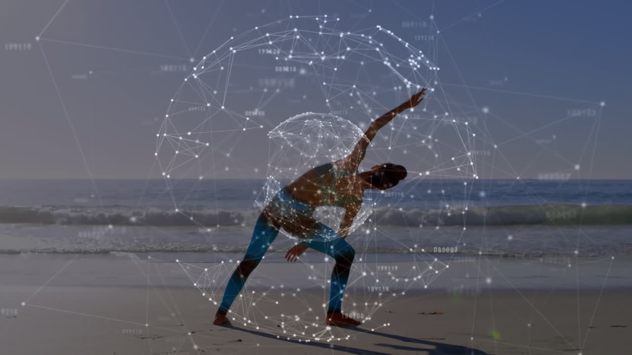 해변에서 요가를 하는 백인 여성에 대한 전 세계와의 연결 네트워크의 애니메이션