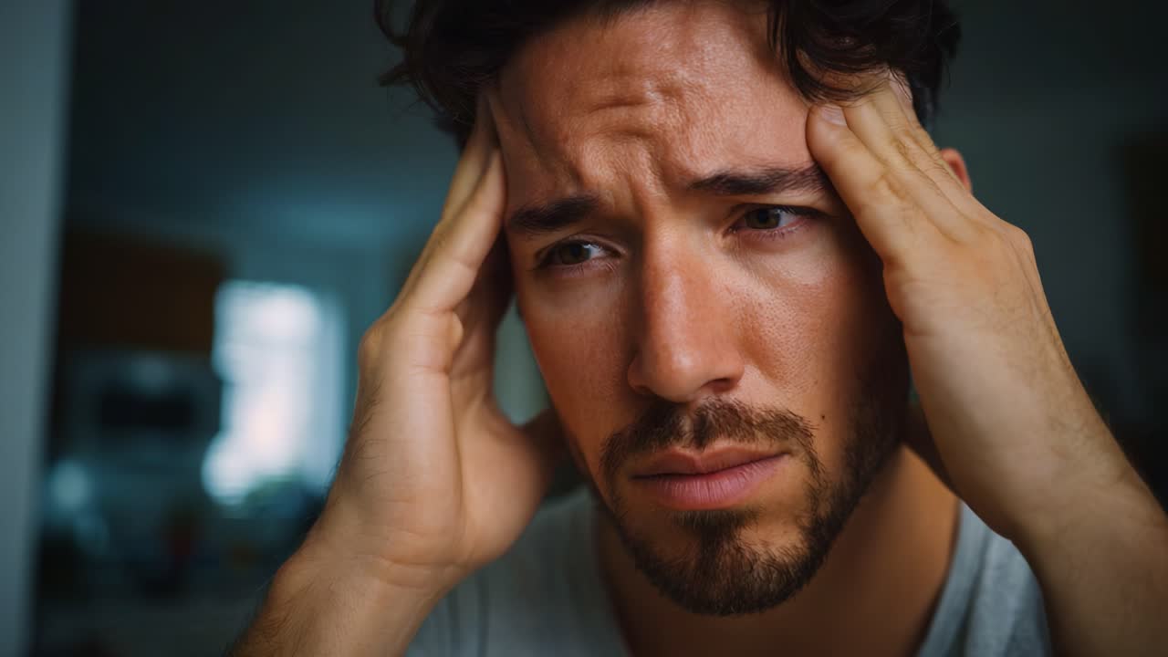 Un giovane uomo lotta con emozioni e stress travolgenti in un momento di riflessione catturato in due fotogrammi di un video, che ritraggono contemplazione e preoccupazione