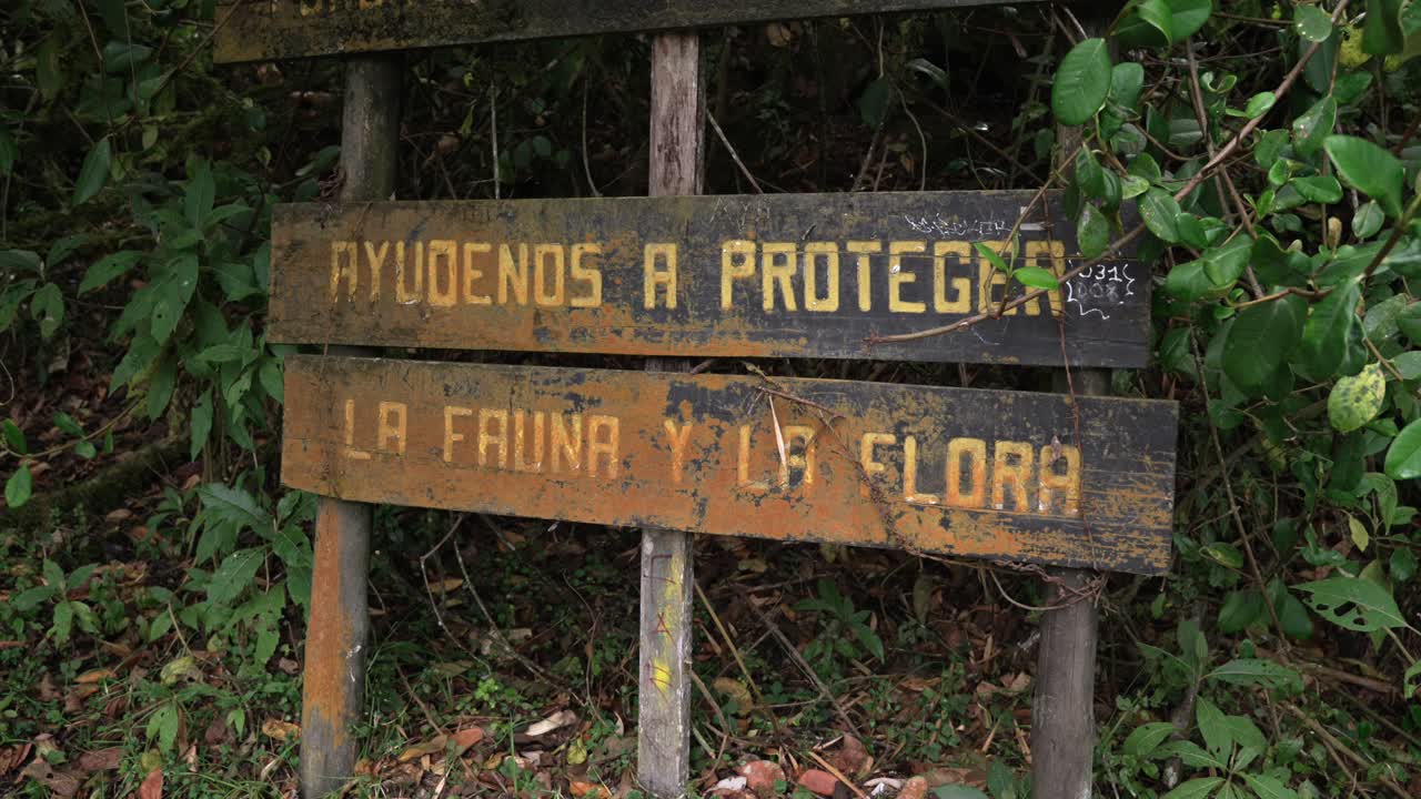 Handheld orbit reveals a weathered Spanish conservation sign in forest about forest protection, Close up