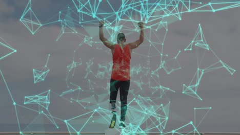 animación de la red de conexiones sobre el atleta masculino con la cuchilla de correr levantando los brazos al aire libre