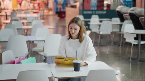 joven sentada sola en una mesa en el centro comercial, leyendo su libro con enfoque tranquilo, fondo suave cuenta con asientos vacíos, una bebida y bolsas de compras en la mesa