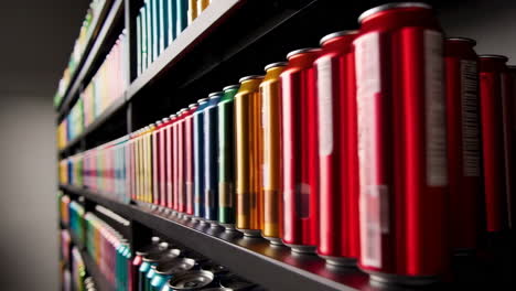 rows of colorful beverage cans on shelves