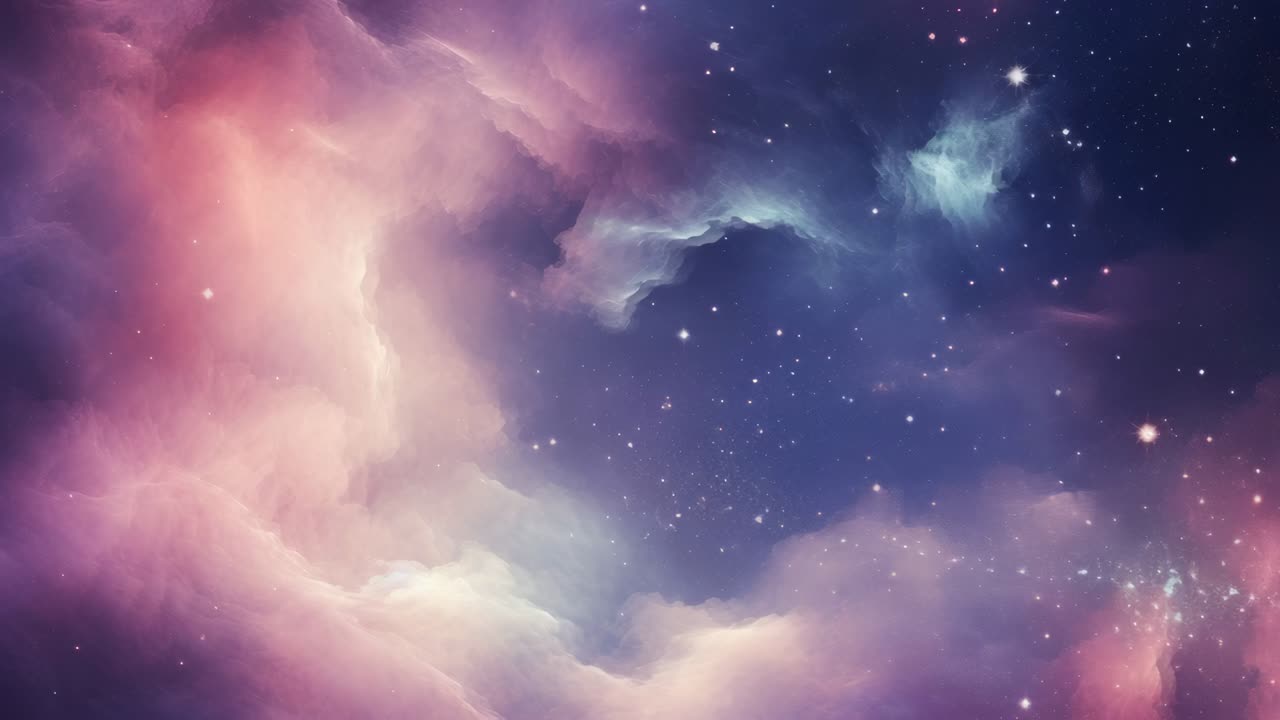 Adegan kosmik yang indah dengan pusaran nebula berwarna merah muda dan ungu serta bintang-bintang yang berkelap-kelip