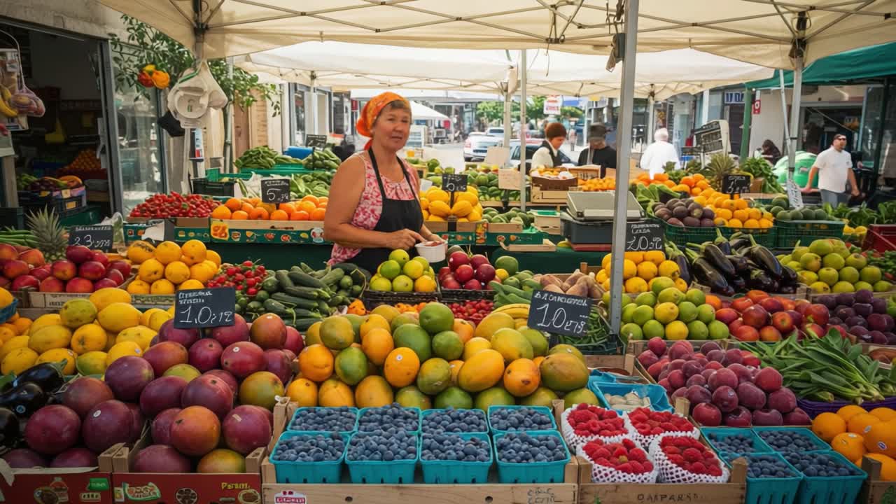 Vibrant Fruit Market Scene Featuring Fresh Produce, Colorful Arrangements, and a Dedicated Vendor with a Passion for Quality Goods