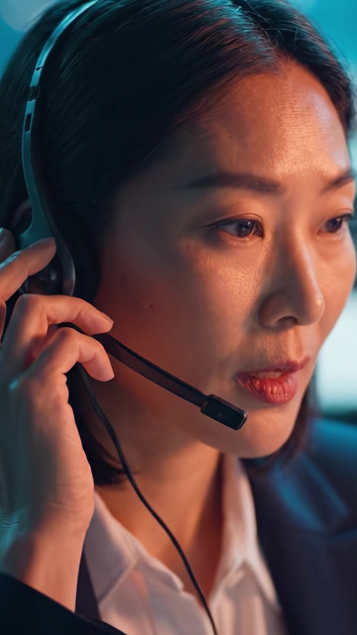 Donna professionista concentrata con un auricolare, impegnata in una conversazione seria, che ritrae l'essenza della comunicazione in un ambiente di lavoro dinamico.