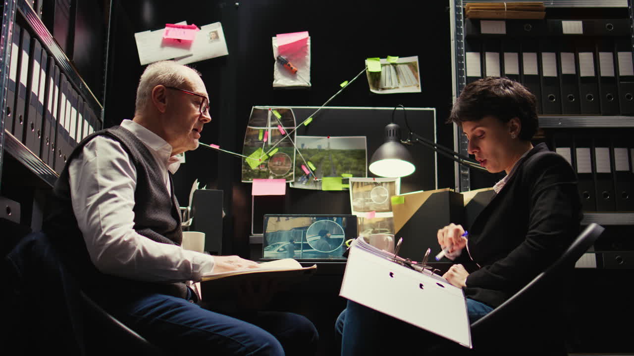 Two Investigators Discussing a Case in a Dark Office