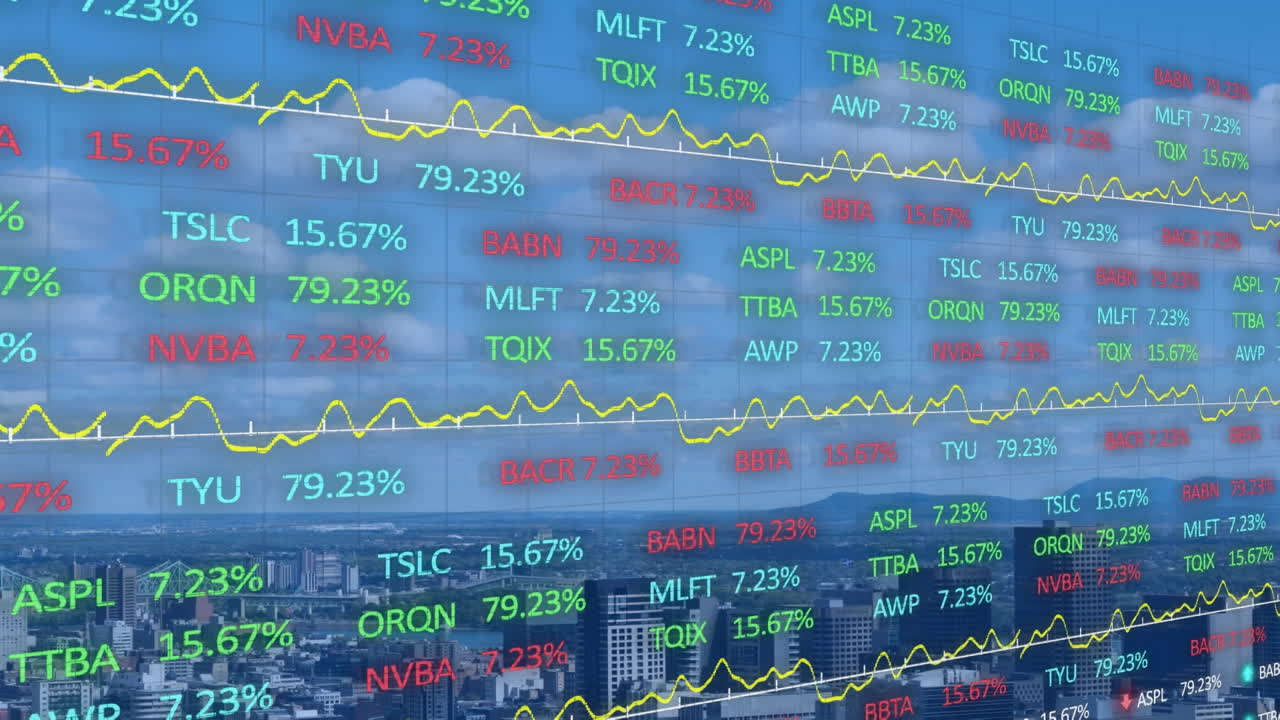 도시 풍경 위의 금융 데이터 처리 애니메이션