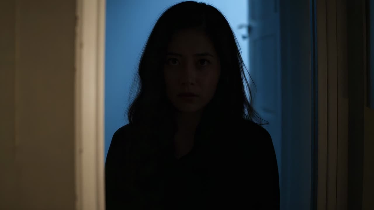 Mulher asiática de blusa escura abrindo a porta, segurando uma maçaneta de latão, espreitando e entrando no corredor enquanto verifica uma luz azul.