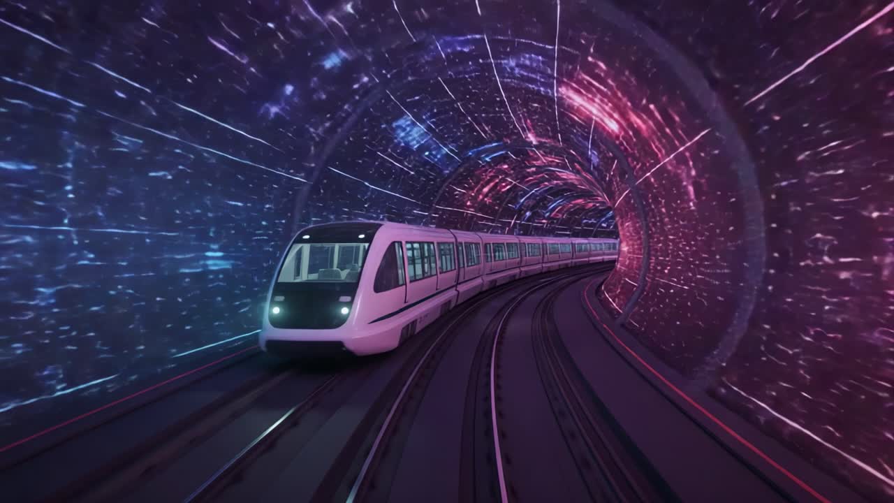 A futuristic train navigates through a vibrant digital tunnel filled with colorful lights and abstract patterns, showcasing advanced transportation technology and stunning visual effects
