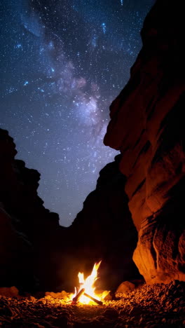 campfire under the milky way in a canyon