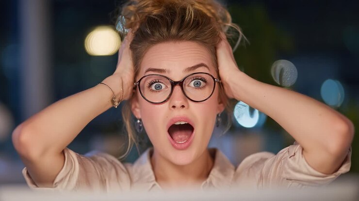 A Young Woman Reacts with Shock and Surprise, Transitioning from Panic to Calm While Engaged with a Computer Screen in a Dimly Lit Room