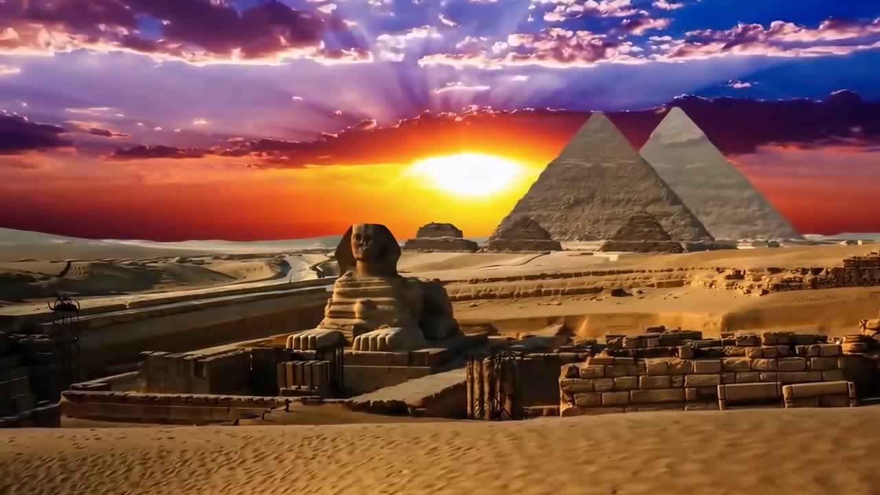 Uma deslumbrante gravação de vídeo em grande angular da Esfinge e das pirâmides ao pôr do sol, capturando cores vibrantes
