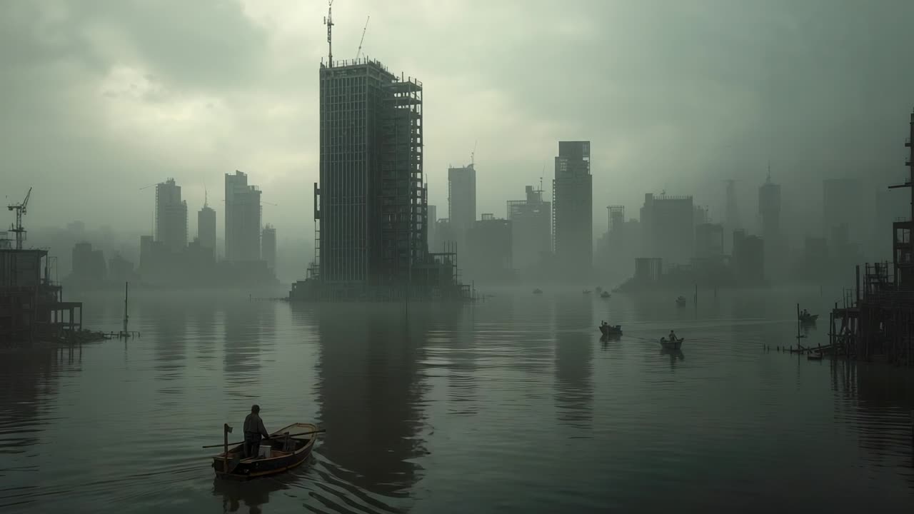 Frame showing solitary rower gliding across foggy river, with workers converging under bare tower