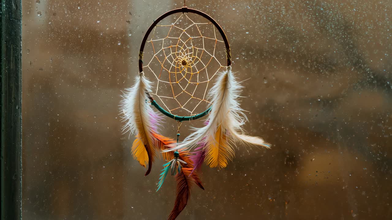 Swaying woven dreamcatcher from stirring breeze at rainy window, with colorful feathers dancing
