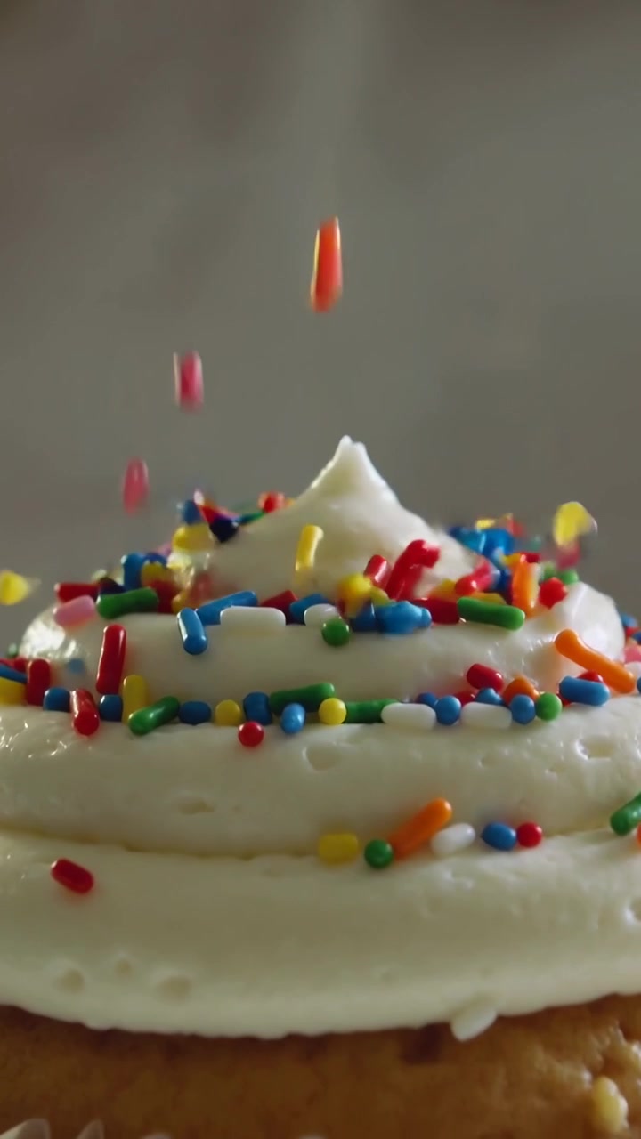 Video verticale: Iniziano a cadere zuccherini su una spirale bianca, dita che decorano un cupcake sul bancone.