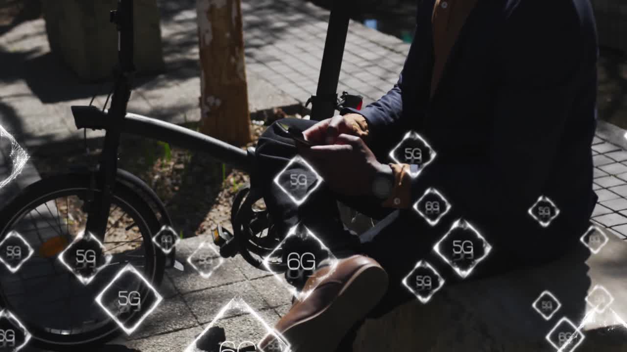 Animation of 6g text over caucasian businessman using smartphone