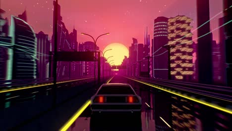 bucle sin fisuras de paisaje de puesta de sol cyberpunk con un coche en movimiento en una carretera de autopista