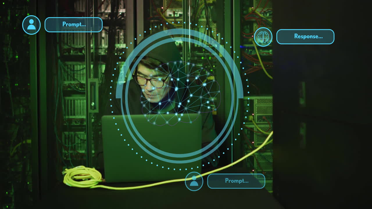 animación de escáner, red cerebral y mensajes de chat ai a través de técnico de servidor masculino asiático