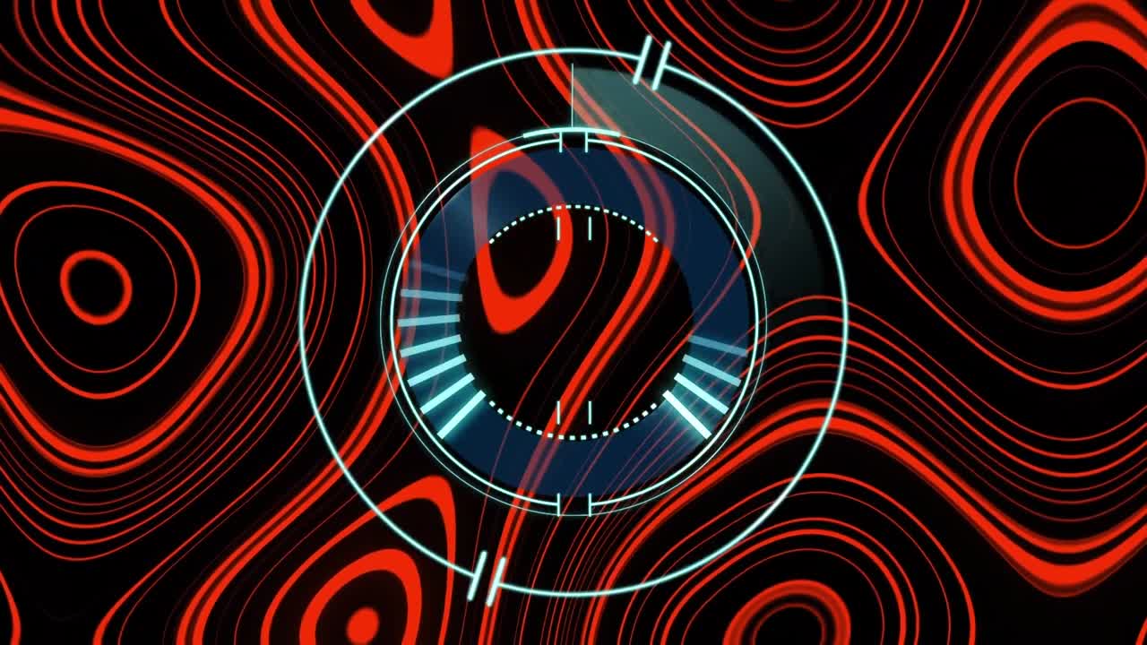 Animation of neon round scanner over red kaleidoscopic pattern against black background