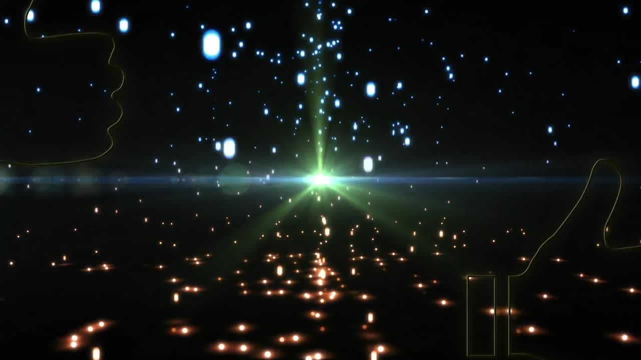 검은 바탕 위에 떨어지는 네온 같은 아이콘과 별의 애니메이션