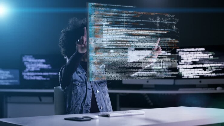 Woman, programming and coding hologram at night