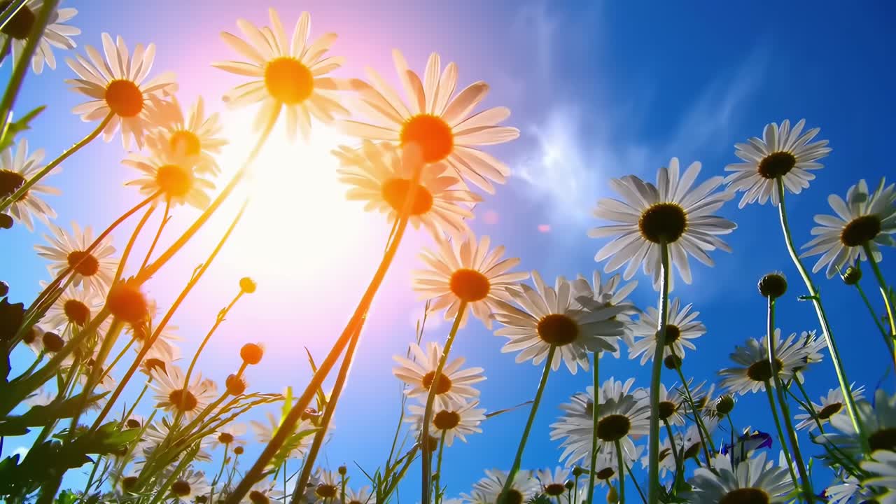 Lavvinkeloptagelse af tusindfryd mod en klar himmel, ideel som baggrund for naturvideoer.