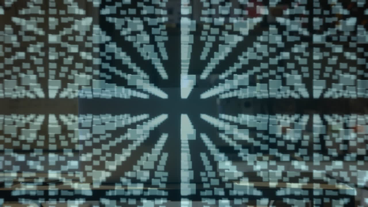 Animation of digital files and padlock over laptop on desk