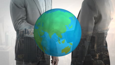 animation of globe over businessman handshake