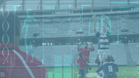 animación de datos y estadísticas del cuerpo humano sobre dos equipos de rugby multiétnicos que juegan rugby