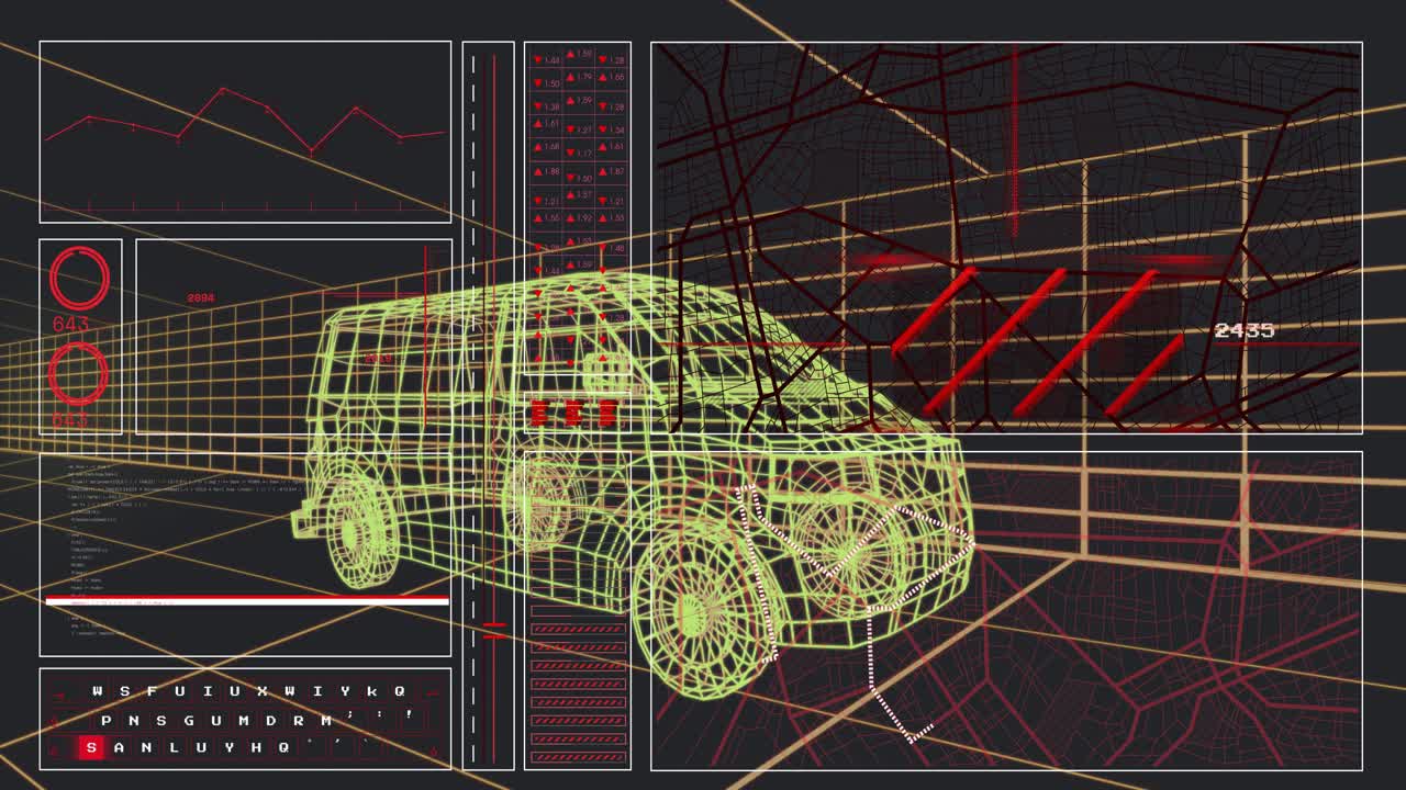 Yellow wireframe van receiving HUD overlay, central scanner blinking, map updating for diagnostics