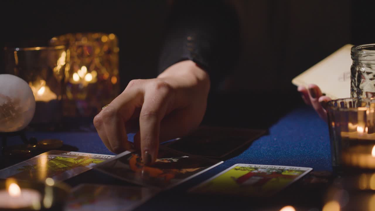 un primer plano de una mujer dando una lectura de tarot en una mesa a la luz de las velas sosteniendo la carta del diablo 4