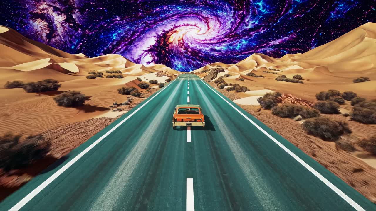 Retro car on a surreal road, viewed from a rear low angle. The vintage style evokes a nostalgic