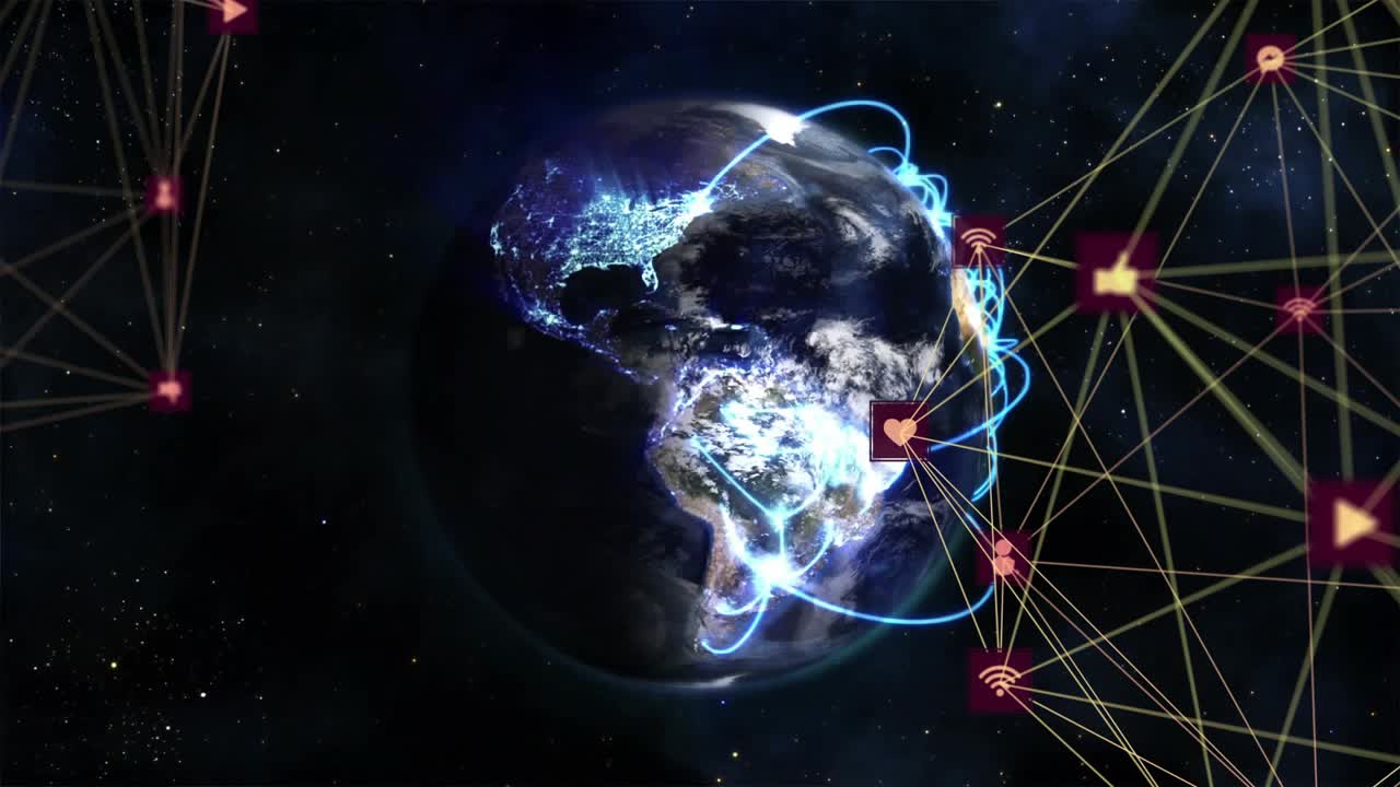 Right-side nodes appearing, Earth emitting blue arcs linking cities to icons, showing connections